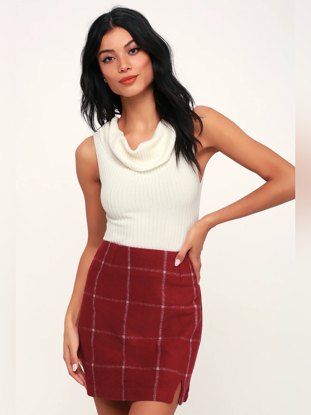 Lulus Spence Wine Red Plaid Mini Skirt - Size XS